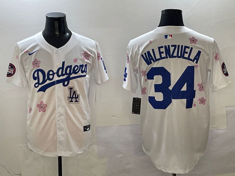 Men Los Angeles Dodgers 34 Valenzuela White Sakura Edition 2025 Nike MLB Jersey style 10